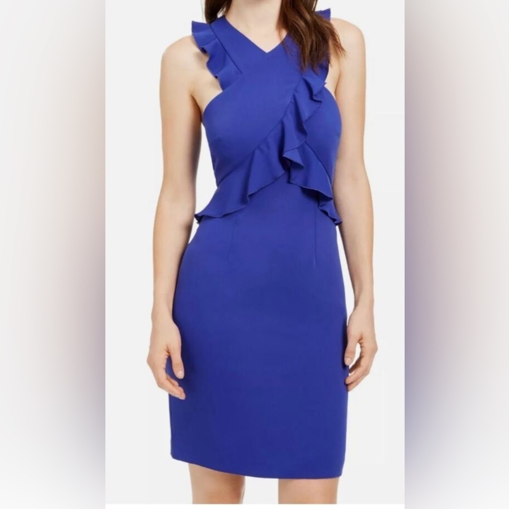 NWT Trina Trina Turk Avebury Ruffled Sheath Dress Blue Size 12